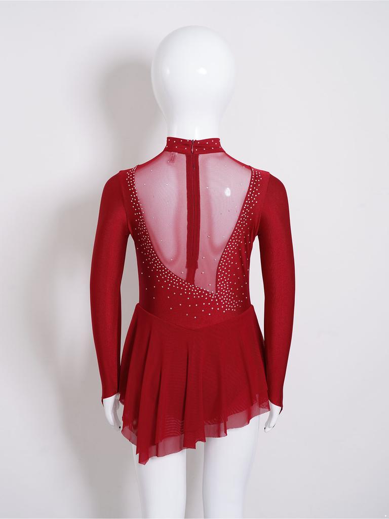 Kid Girls Figure Ice Skating Dress Long Sleeve Irregular Hem Leotard Dress Stage Performance Costume