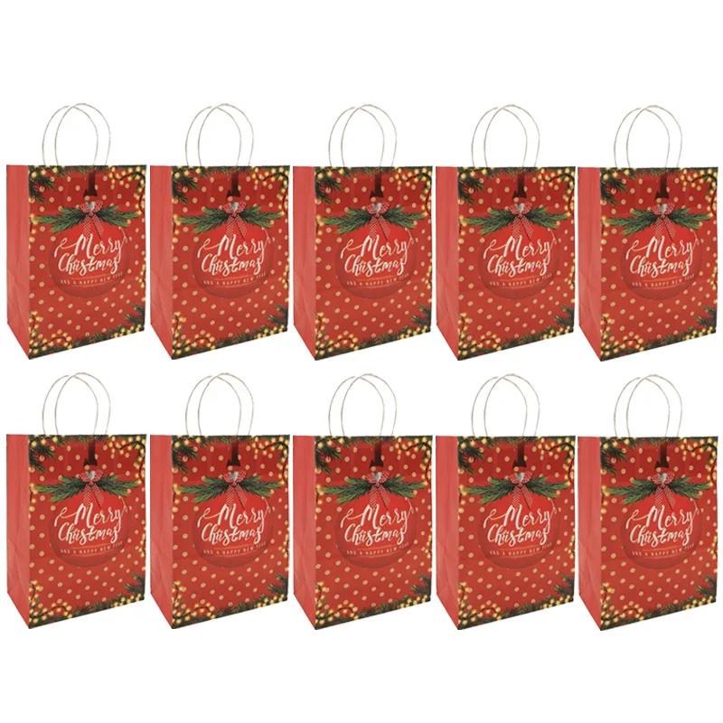 10 шт. пакеты из крафт-бумаги с Санта-Клаусом и снеговиком, декор для рождественской вечеринки, пакет для упаковки конфет и подарков с ручкой, принадлежности для кануна Нового года и Рождества