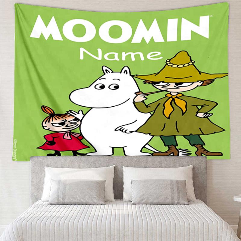 Custom Name Moomin Print Tapestry, Backdrop, Easy Setup, Ideal for Bedroom, Office & Living Room, with Aesthetic Wall Hanging Decor.