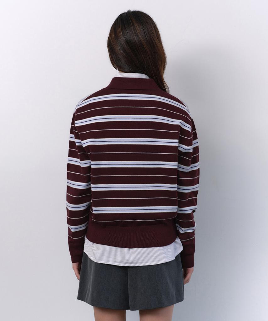 MUSINSA STANDARD WOMAN Women'S Multi-Stripe Collared Knit [Burgundy]