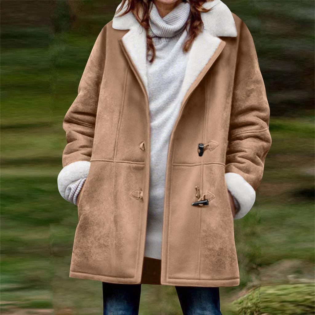 Women's Fashionable Coat Solid Color Long Sleeved Pocket Loose Button Plush Jacket