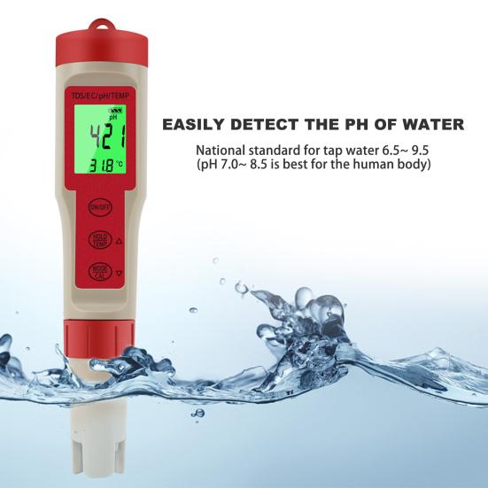 Детектор качества воды PH-метр Высокоточный высокоточный дизайн подсветки Легко читаемый Автоматический EC-тестер PH воды с ATC