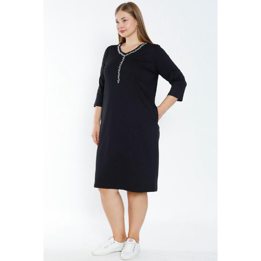 Black Truvacar Sleeve Pocket Stone Detail Large Size Cotton Dress