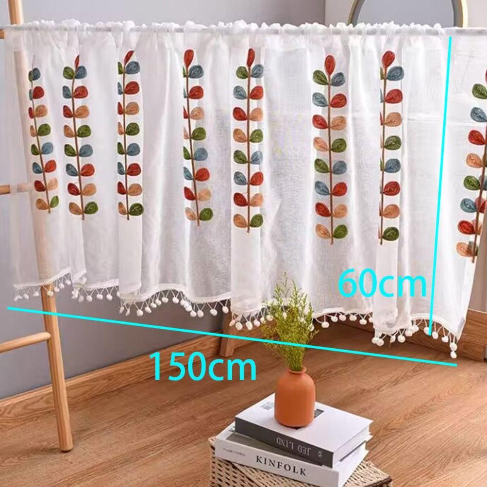 Embroidered Leaves Shower Curtains Four Color Short Curtains Home Decoration Voile Drapes Cafe