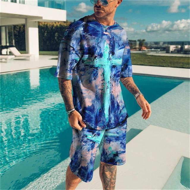 Комплект футболок, ретро камуфляжный всплеск чернил, шорты с короткими рукавами и 3D принтом, летний модный мужской спортивный костюм в стиле хип-хоп