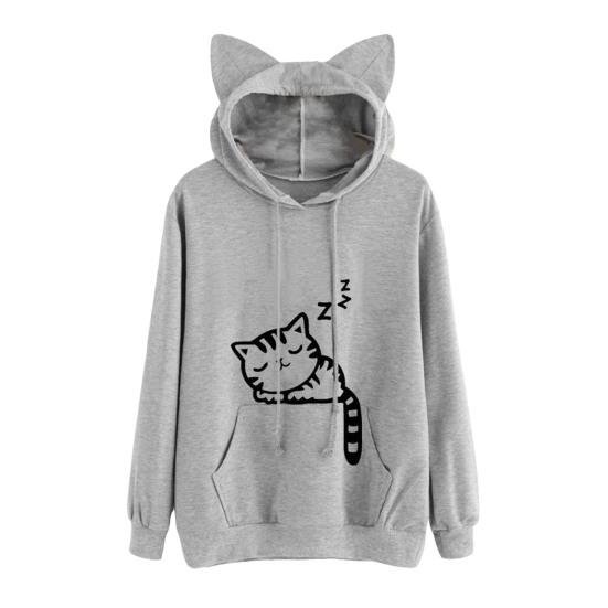 Women Fall Winter Hoodie with Big Pocket Cat Ear Decor Kitty Printing Hooded Full Sleeves Loose Pullover Home School Sport Top