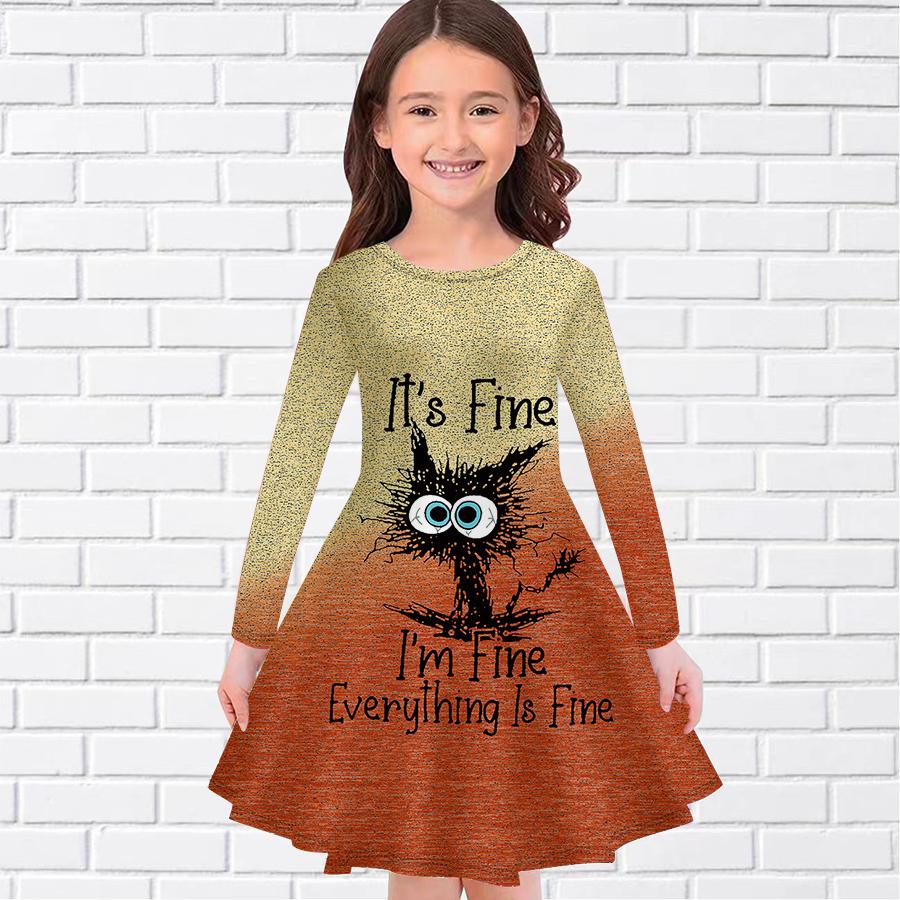 Повседневное платье для девочки с английским принтом кота и круглым вырезом, длинными рукавами, детское платье принцессы