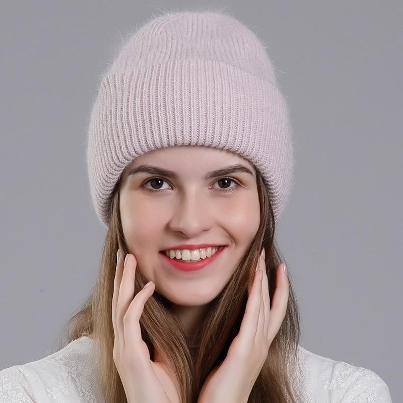 Women Autumn Winter Versatile Rabbit Hair Warm Knitted Wool Solid Color Pullover Hat