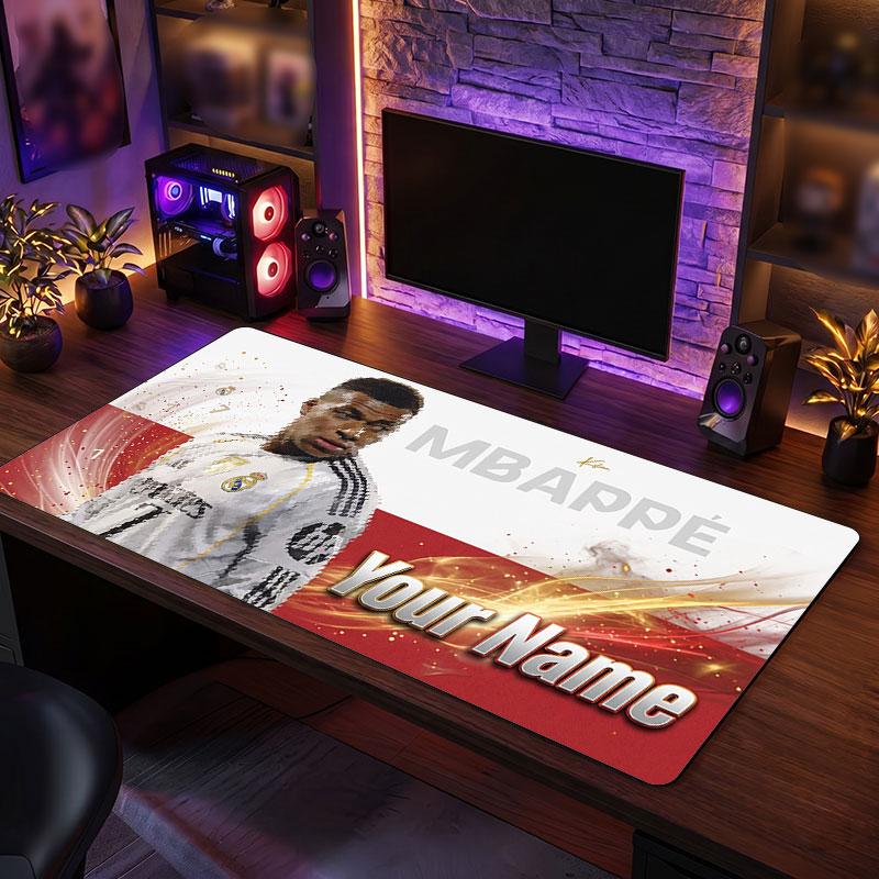 Kylian Mbappe Custom Large Mouse Pad, Personalized Name Text Print, Football Logo Non‑Slip Desk Mat Gaming Gift