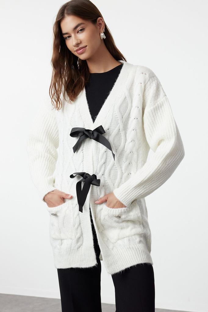 Женский модный стильный кардиган в стиле хиджаб с каменным бантом и лентой, трикотажный кардиган на пуговицах с камнями