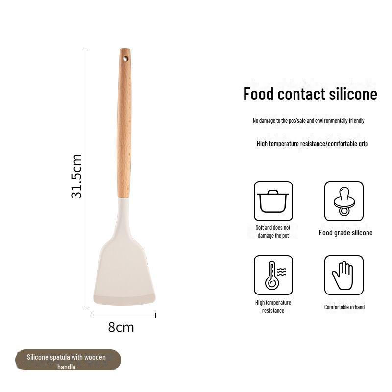 Кухонные принадлежности с антипригарным покрытием из силикона и бука: Лопатка с деревянной ручкой, лопатка для жарки и ложка для супа.