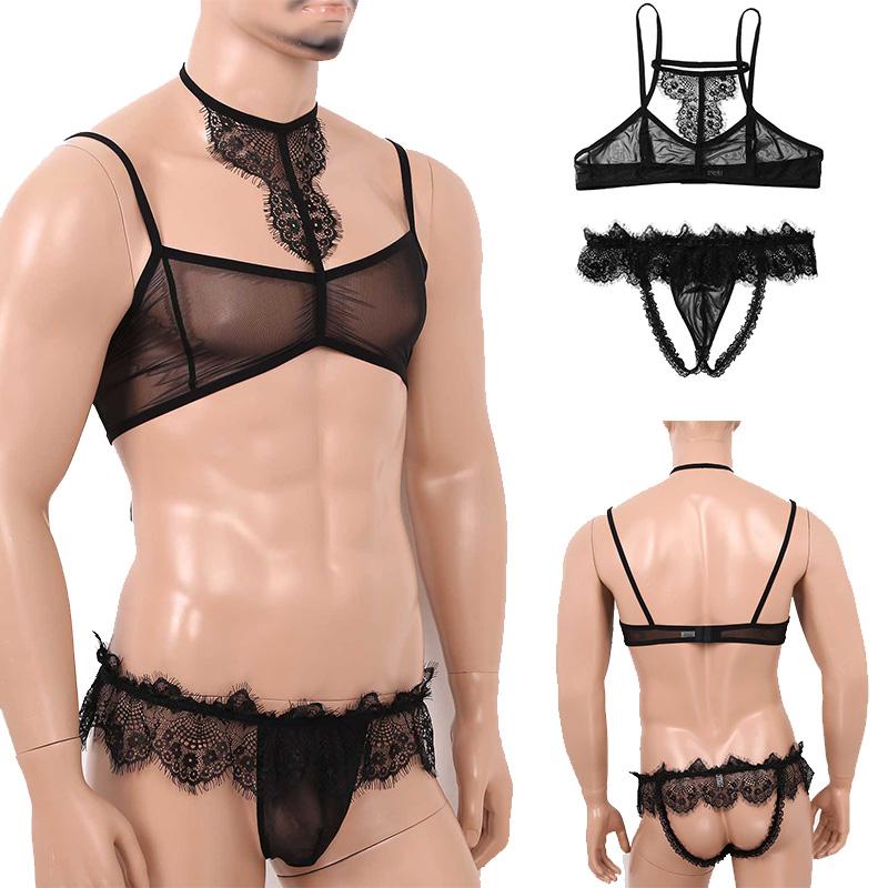 Мужское прозрачное нижнее белье Sissy Jock с кружевной отделкой и бюстгальтером сверху