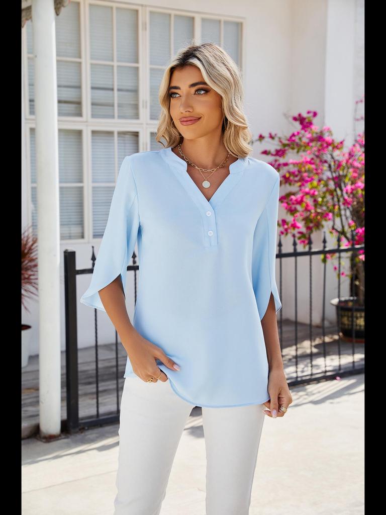 2024 Летний однотонный шифоновый топ с V-образным вырезом и рукавами средней длины для женщин