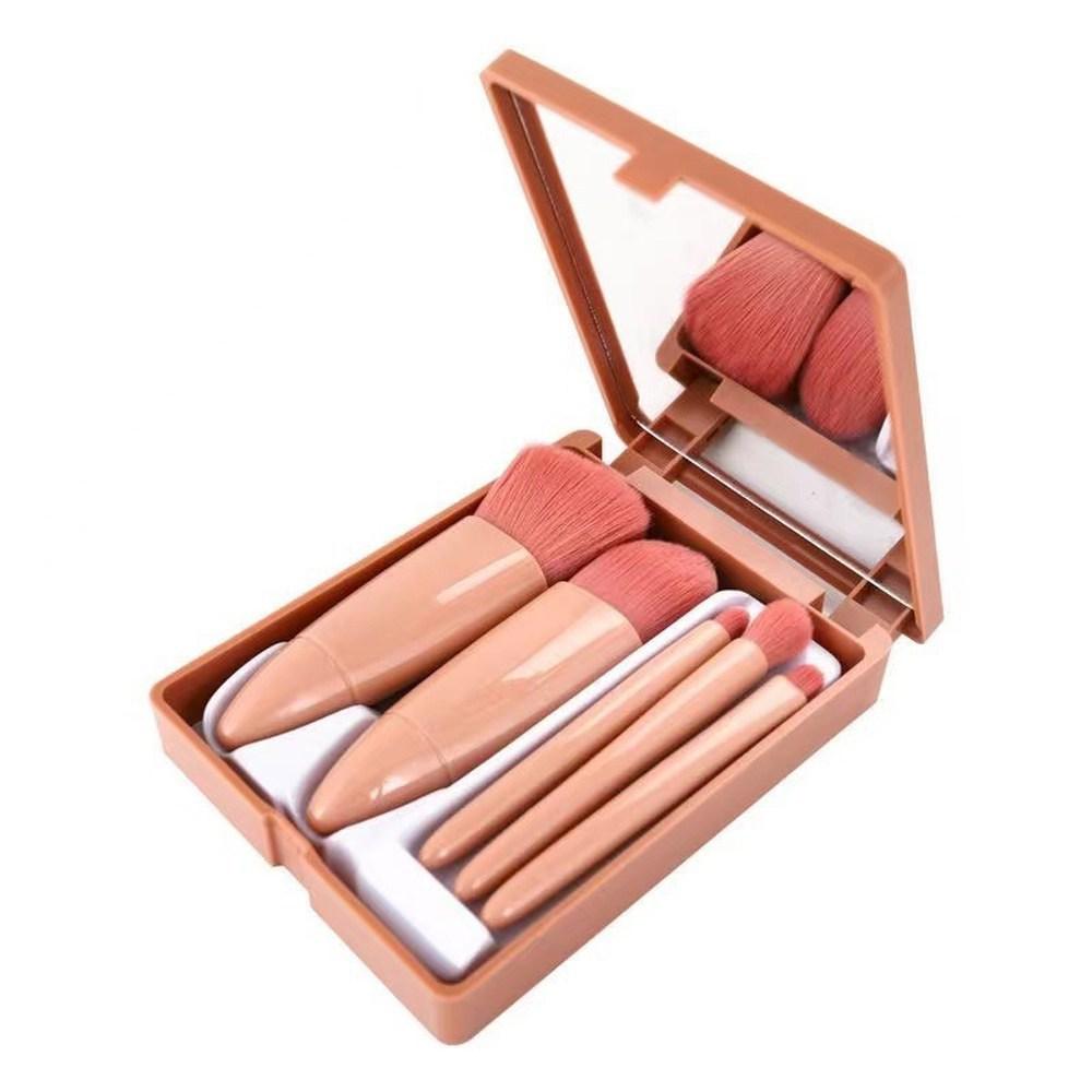 Portable Makeup Brush Set Multifunctional Set Mirror Soft Hair Loose Powder Brush Blush Foundation Shadow Brushes 5pcs, Fluorescent Red