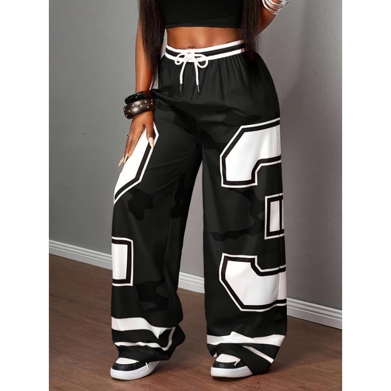 Red Camo Number Graphic Wide Leg Pants Elastic Waist Straight Leg Pants Fashion Casual Summer Streetwear for Women Lounge Pants