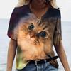 New Women's T-shirt Kawaii Cat 3D Print Casual V-neck Short Sleeve Tee Shirt Girls Clothing Oversized Loose Streetwear Tops