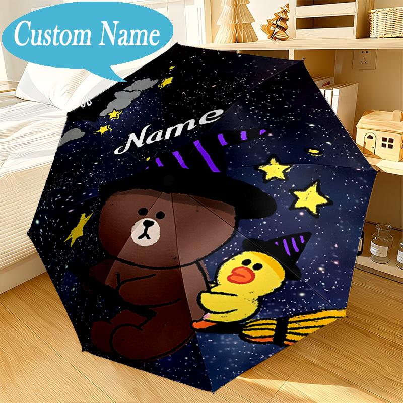 Custom Name Umbrella Happy Birthday Brown Bear Umbrella 8-Frame for Travel, Camping, Casual Lightweight Portable, Essential for Family Gifts