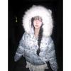 American sweet and cool style star full print hooded cotton jacket female student winter design fur collar warm bread clothes
