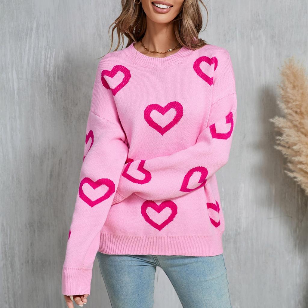 Women's Loose Casual Fashion Round Neck Heart Sweater Knitted Bottoming Shirt Sweater