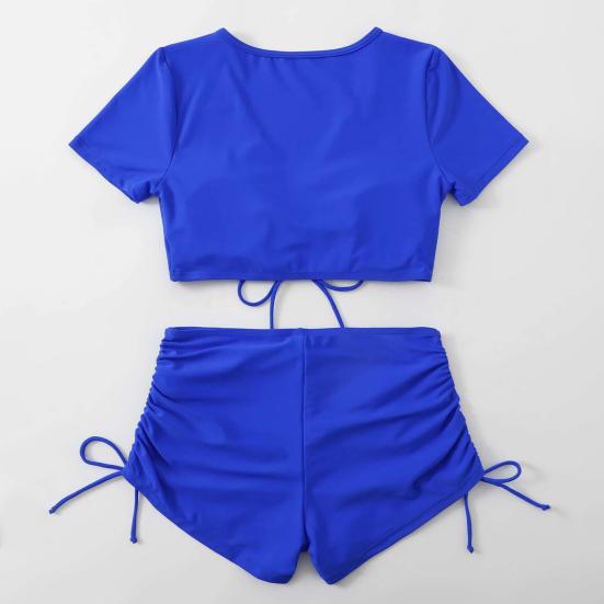 2Pcs/Set Women Summer Bikini Set V Neck Short Sleeve Tops High Waist Drawstring Swimming Trunks Solid Color Quick Drying Swimsuit