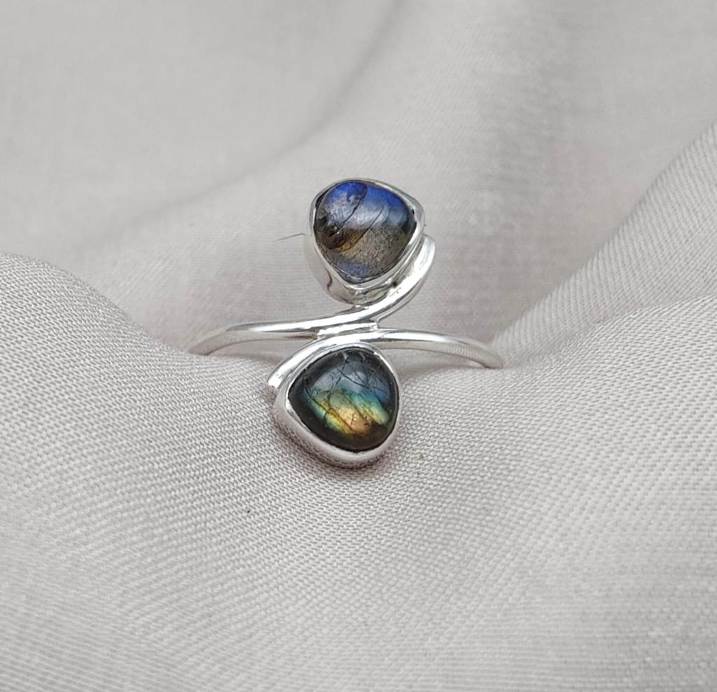 Labradorite Double Stone Ring: 925 Sterling Silver Adjustable Boho Jewelry