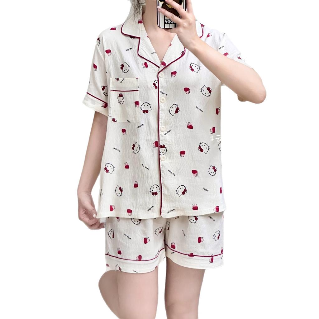 New cloud cotton new three-piece set sweet and cute Hello Kitty cartoon cardigan pajamas loungewear set