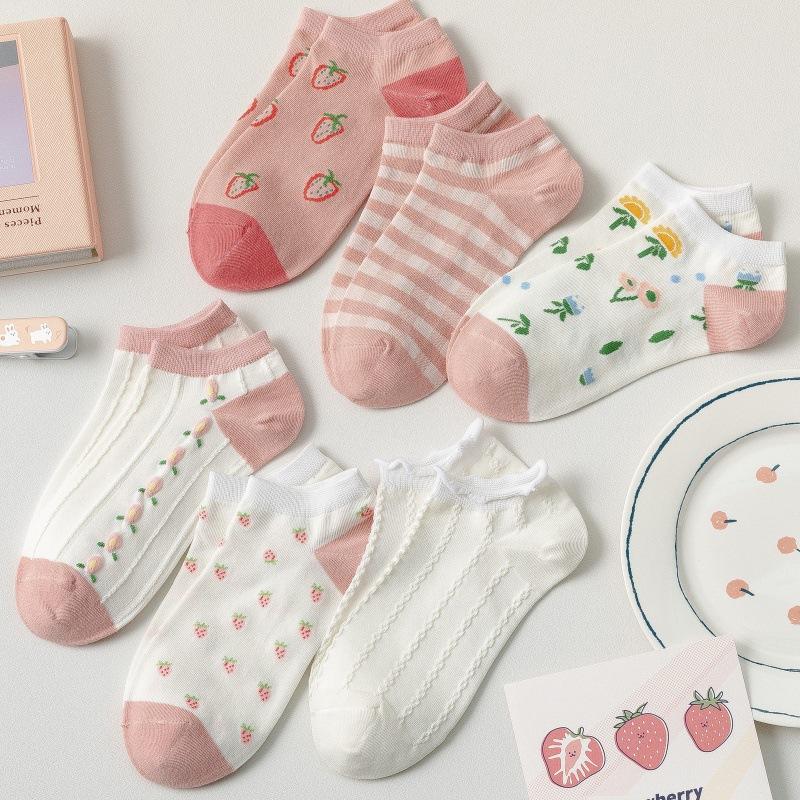 5 Pairs Women's Socks Ladies Short Thin Shallow Mouth Boat Socks Female Cute Pink Low Cut Socks