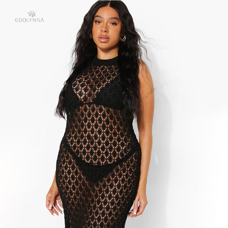 2022 Sexy See Through Sleeveless Bikini Cover-ups Pink Hollow Out Mesh Dress Women Summer Beach Wear Swim Suit Cover Up