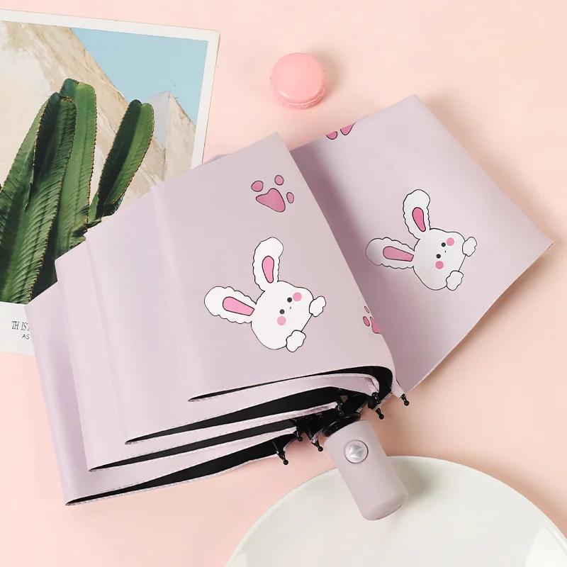 Милый детский зонт Толстый черный клей Полностью автоматический зонт Кролик Солнцезащитный зонт для ребенка Студента Водонепроницаемый Солнцезащитный УФ Зонты