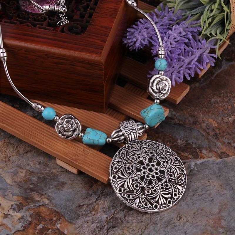 Retro Bohemian Natural Turquoise Hollow Out Carved Pendant Women's Daily Leisure Vacation Necklace Festival Gift Jewelry