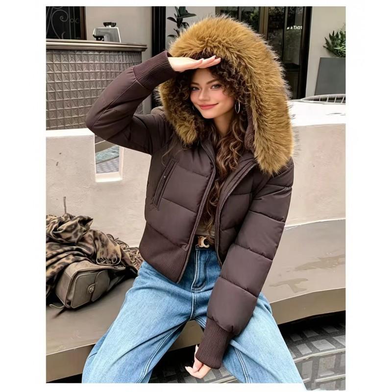 Womens Winter Cotton Coat With Faux Fur Collar Slim Fit Warm Short Parka