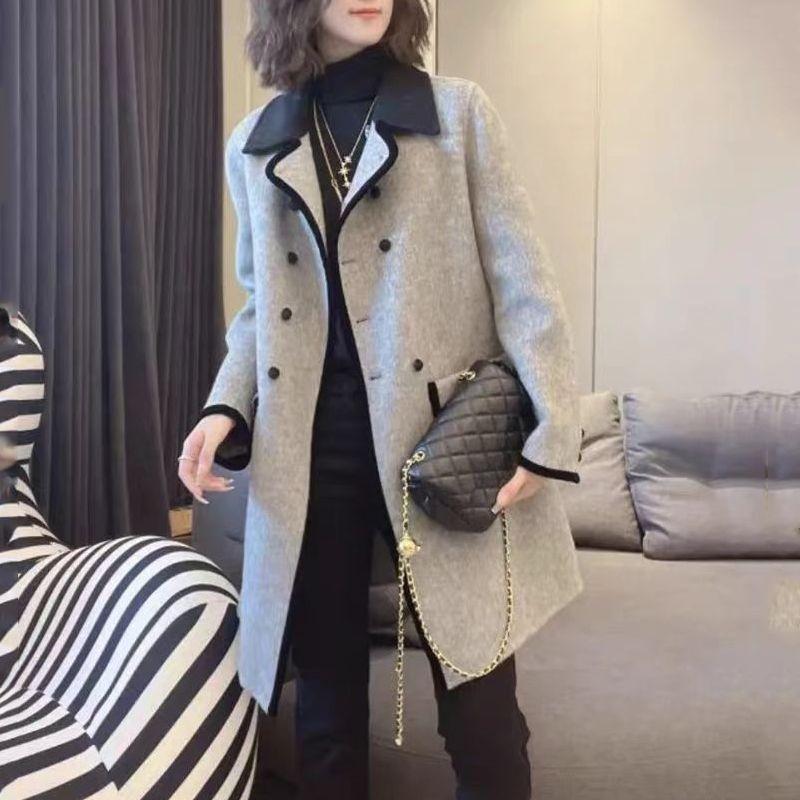 Модное и элегантное женское пальто больших размеров на осень и зиму в корейском стиле, облегающее и универсальное, с цветными блоками, шерстяное пальто