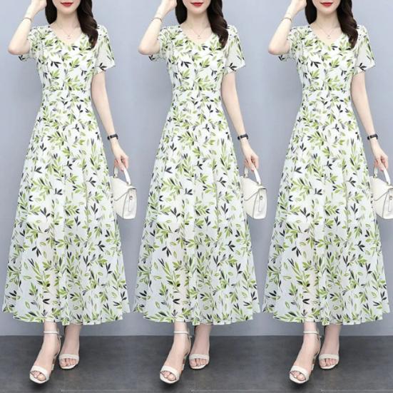 Women's Floral Print Maxi Dress Summer V Neck Short Sleeve Long Dress Casual Swing A-line Beach Sundress