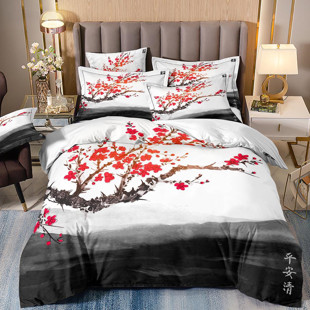 3D Three-Piece Ukiyo-E Painting Wave Flower Quilt Cover Digital Printing Bedding