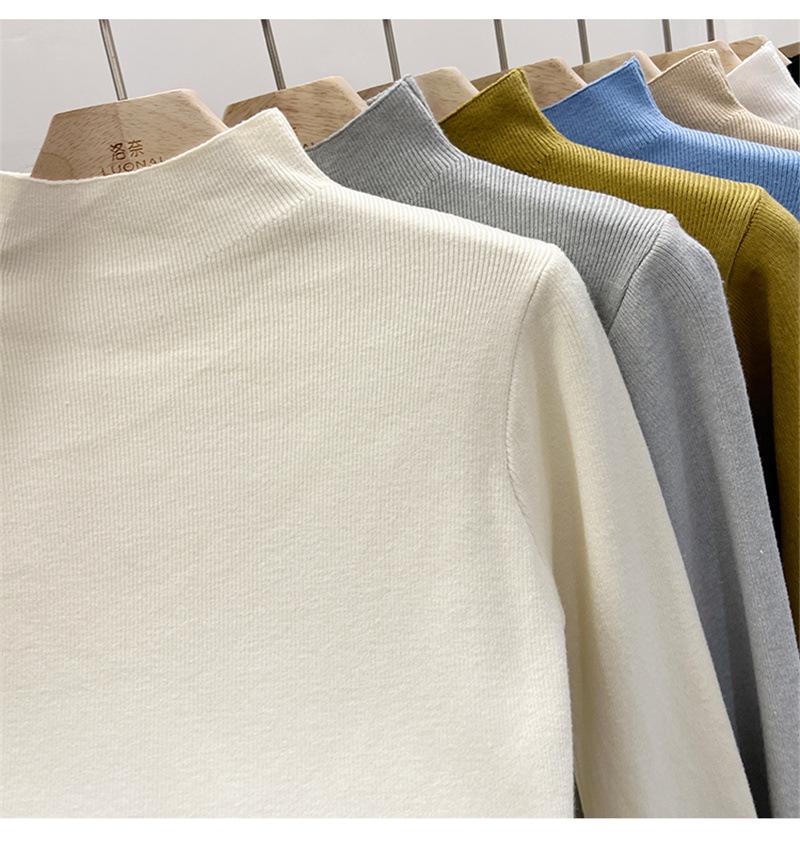 Осенне-зимняя женская нижняя рубашка, однотонный свитер, тонкая блузка с длинными рукавами, трикотаж с полувысоким воротником
