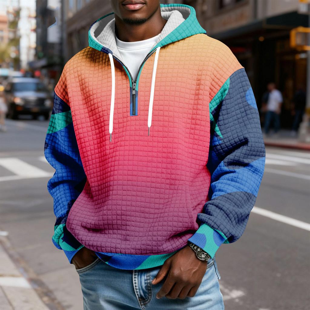 Мужской худи-пуловер в клетку с капюшоном на молнии до середины, со шнурком и принтом, повседневная спортивная толстовка