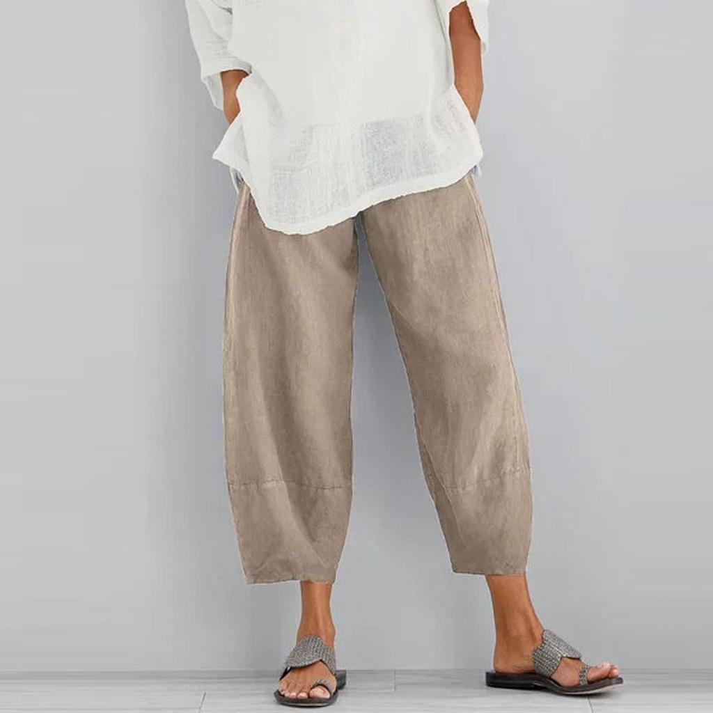 Women's Wide Leg Pants Linen Loose Pants Summer Casual Solid Color Cropped Pants With Pockets