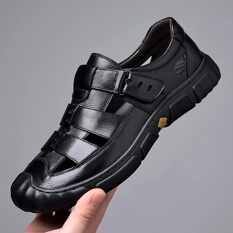 Sandals Men's Summer Leather Breathable Velcro Hollow Leather Shoes Men's Non-slip Soft Sole Casual Shoes Rubber Sole