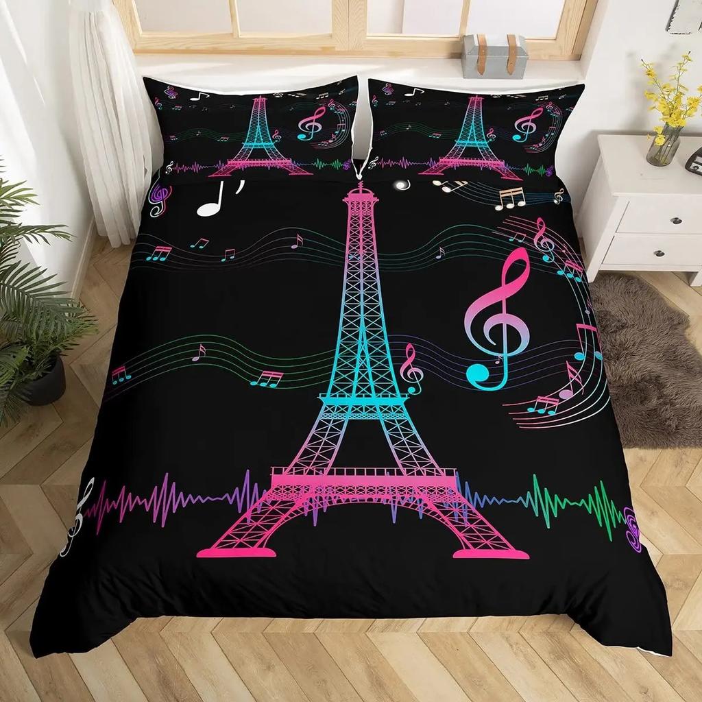 Music Guitar Duvet Cover King Queen Black White and Grey Graffiti Bedding Set Musical Notes Comforter Cover Musical Quilt Cover
