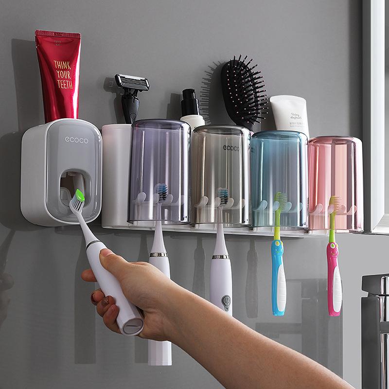 Ecoco Wall-Mounted Toothbrush Holder & Automatic Toothpaste Dispenser with Mouthwash Cup