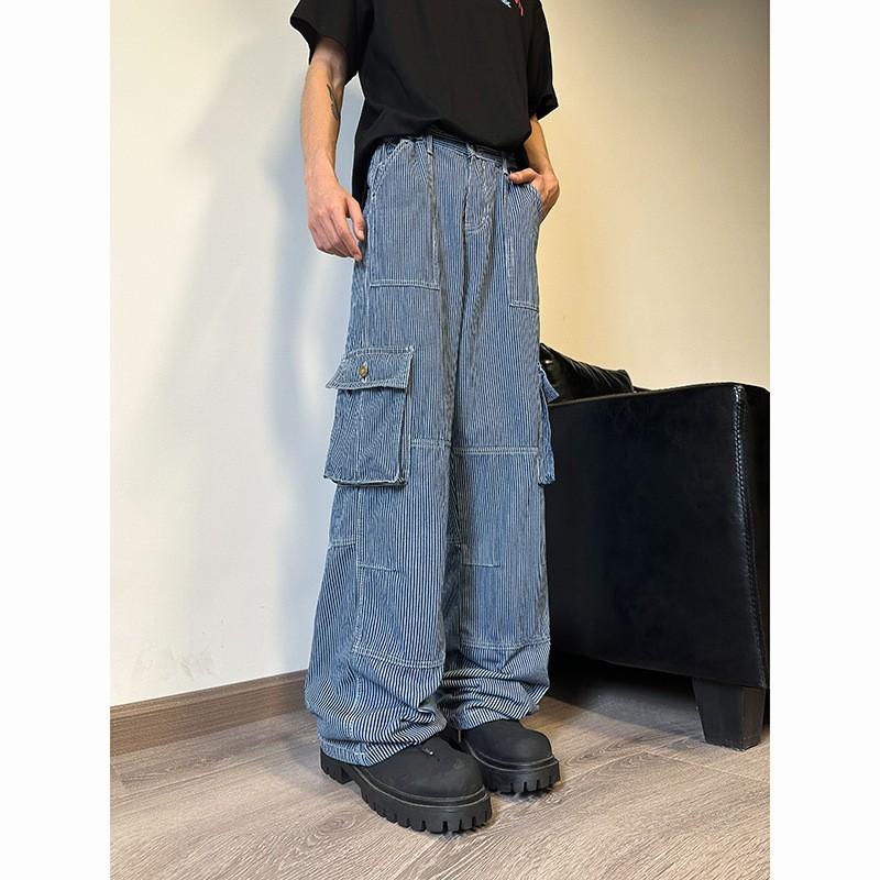 24FW Mens Striped Denim Jeans Loose Fit Plus Size Casual Workwear Trousers