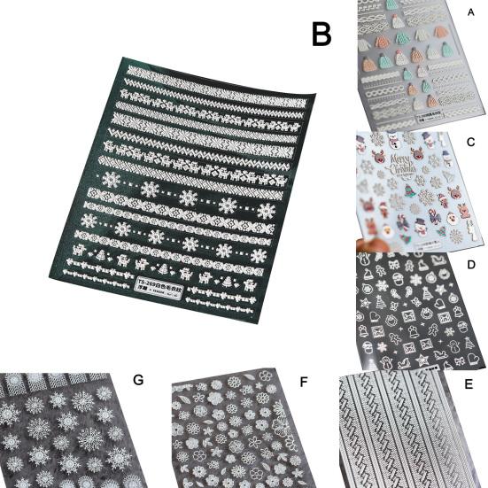 Слайдер для ногтей Разные формы Гравированный узор 5D эффект Шерстяной белый Снежинка Крыло Цветная наклейка для ногтей