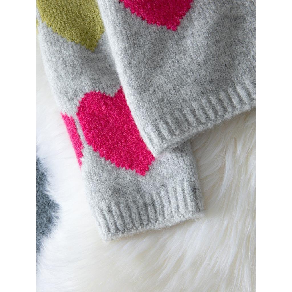 Autumn and Winter Women's Elegant V-neck Button Knit Sweater with Sweet Heart Pattern Contrasting Color Knit Cardigan Sweater for Women