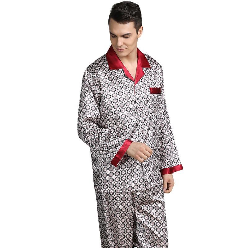 Мужской пижамный комплект с шелковым принтом - Пижама с длинным рукавом из ледяного шелка для весны/лета, доступен большой размер