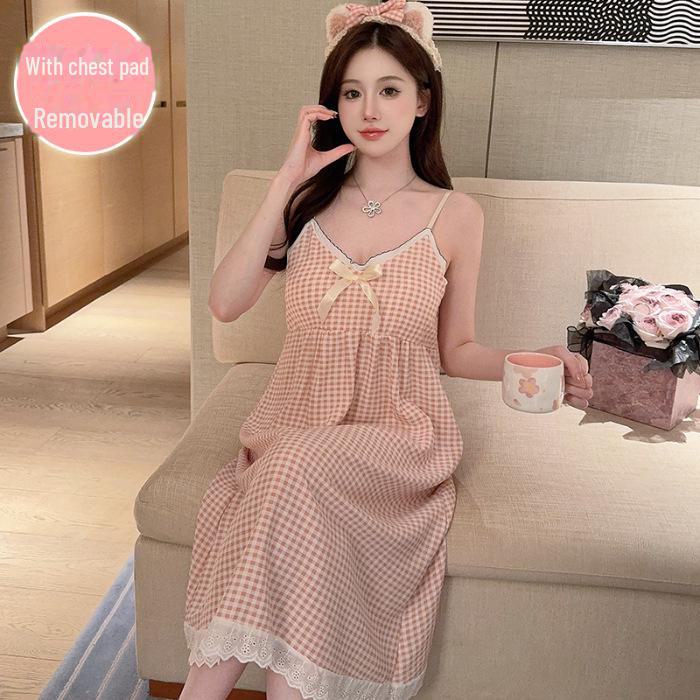 Женская летняя ночная рубашка из хлопка с пузырьками и подтяжками на груди — легкая, стильная домашняя одежда для дома и улицы