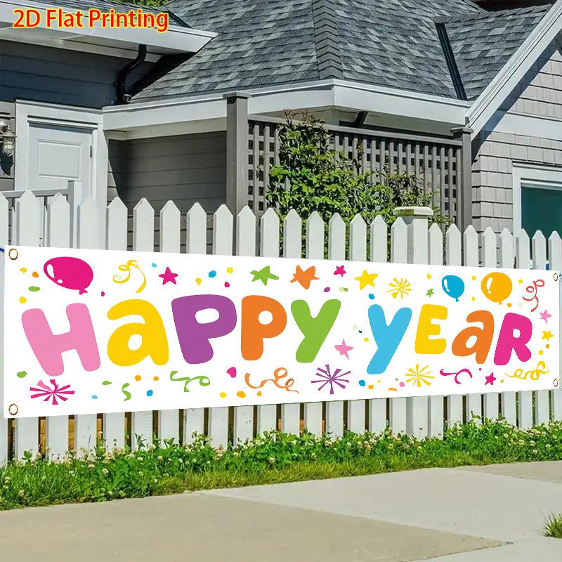 Happy New Year Fence Banner, Colorful Balloon & Ribbon Pattern, Polyester Outdoor Lawn Wall Festival Decoration