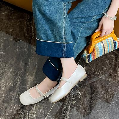 Туфли-лодочки с квадратным носком, неглубоким вырезом, мягкой подошвой и мягкими боками, летние новые, с бисером, на ремешке, противоскользящие, износостойкие, на плоской подошве