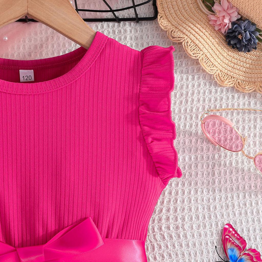 Girls' Butterfly Print Sleeveless Dress + Belt 2025 Summer Children's Fashion Casual Dress