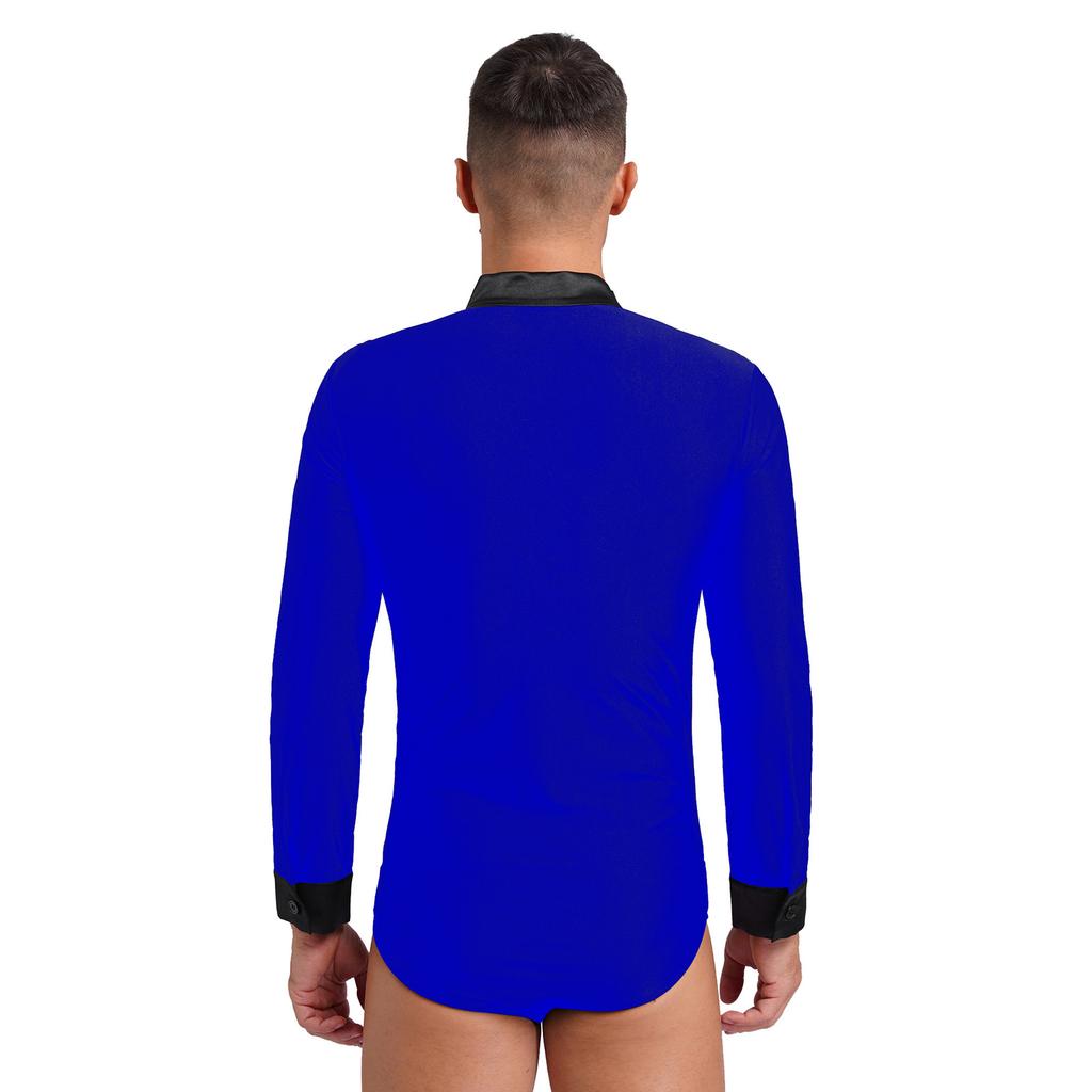 Mens Dance Leotard Glittery Rhinestones V Neck Design Long Sleeve Satin Patchwork Bodysuit