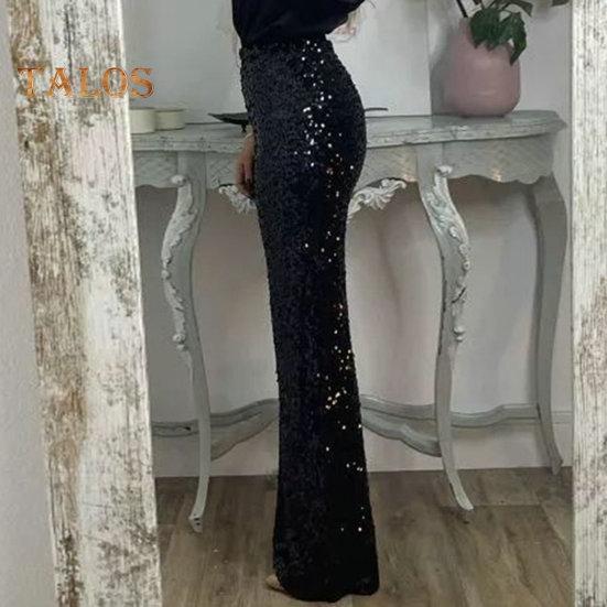 Women Sequins Long Pants High Waist Slim Fit Shining Trousers Solid Color Elastic Flared Pants Streetwear